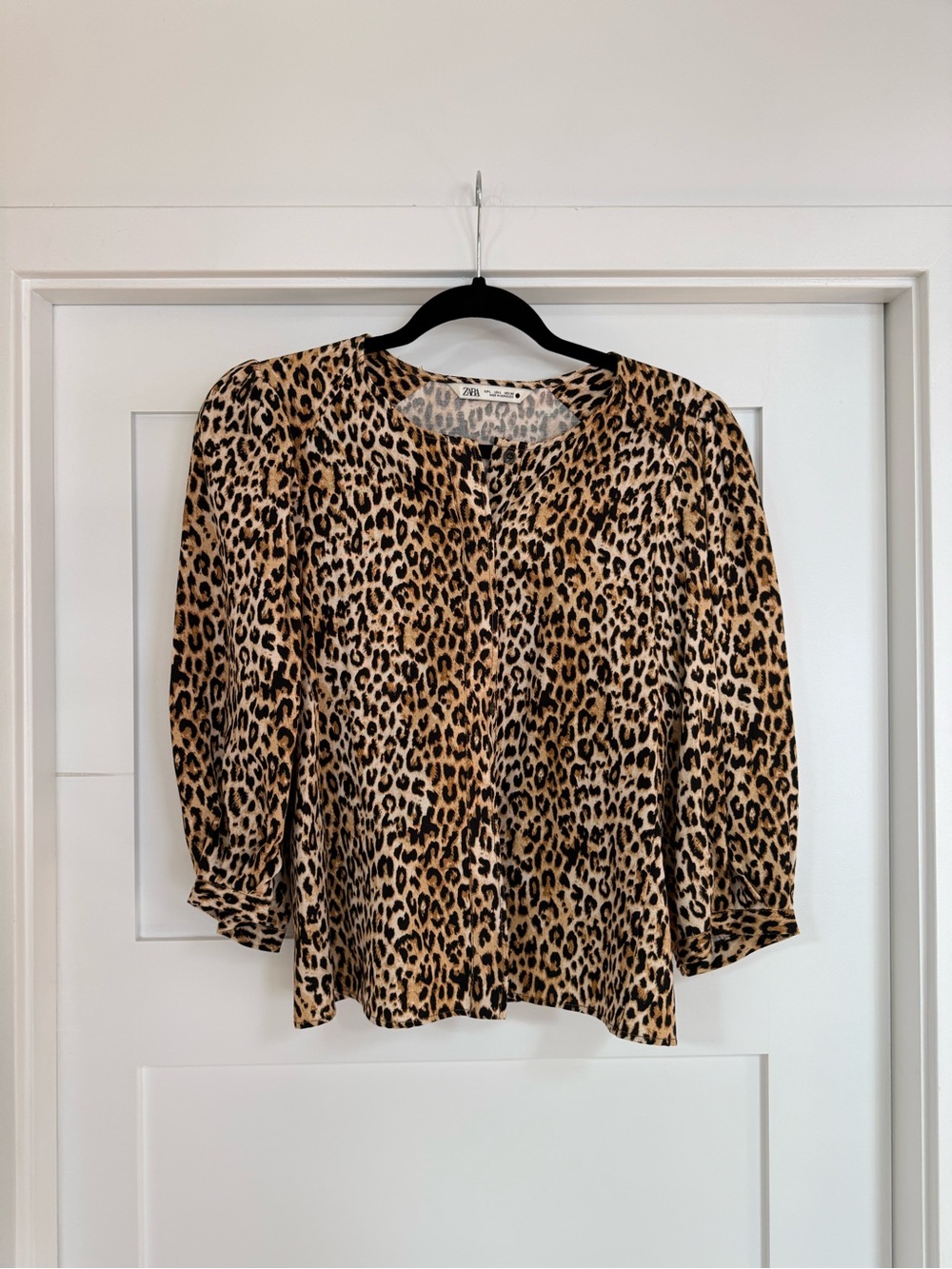 ZARA Leopard Print Puff Sleeve Button down Blouse - Tan/Black